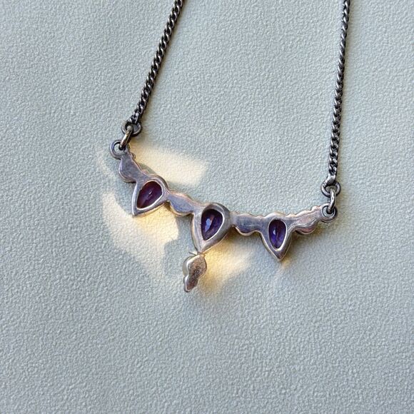 925 Sterling Silver Amethyst Necklace Artisan Design Pear Drop Stones 16” Toggle - Picture 6 of 7